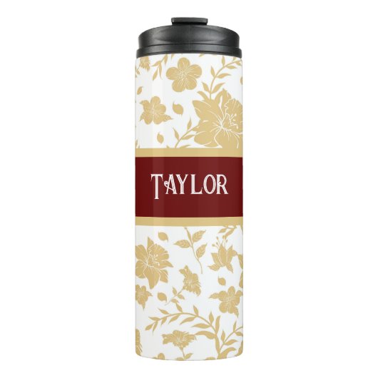 Weißer Hintergrund Gold florale Wärmeleiter Thermosbecher (Vorderseite)