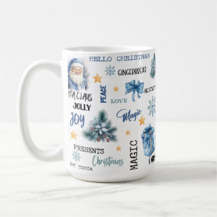 Weißer Hintergrund mit blauem Weihnachtsmann und G Kaffeetasse