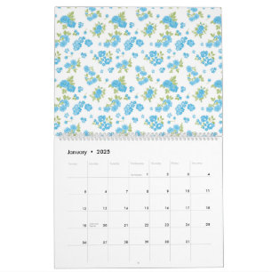weißer Hintergrund mit blauen Blumen und grünem Le Kalender