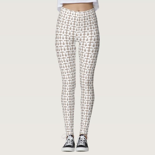 weißer Hintergrund mit braunem Muster Leggings (Vorderseite)