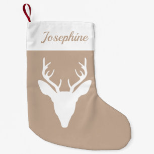 Weißer Hirschkopf-Silhouette auf Beige & benutzerd Kleiner Weihnachtsstrumpf