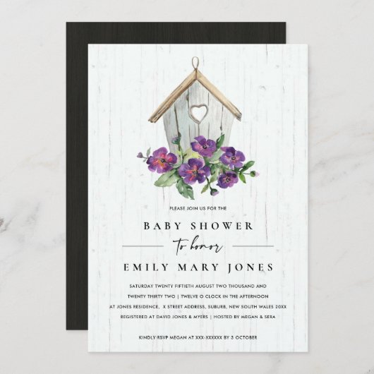 WEISSER HOLZ, RUSTIK, BLUMENBIRDHOUSE BABY DUSCHE EINLADUNG (Vorne/Hinten)