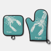 Weißer Hummer auf Aquamarinem Personalisiert Ofenhandschuh & Topflappen-Set (Vorderseite)