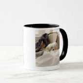 Weißer Hund, der hinter Bett (differenzialer, sich Tasse (VorderseiteRechts)