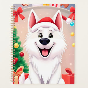 Weißer Hund in Weihnachtsmannmütze Planer