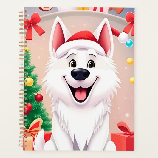Weißer Hund in Weihnachtsmannmütze Planer (Vorderseite)