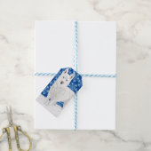 Weißer Husky gegen Schneeflocken und dunkelblauer  Geschenkanhänger (Mit Garn)