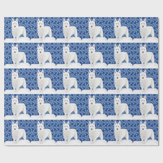 Weißer Husky gegen Schneeflocken und dunkelblauer  Geschenkpapier (Flach)