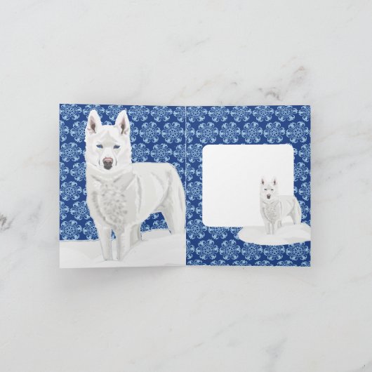 Weißer Husky gegen Schneeflocken und dunkelblauer  Karte (Innenseite)