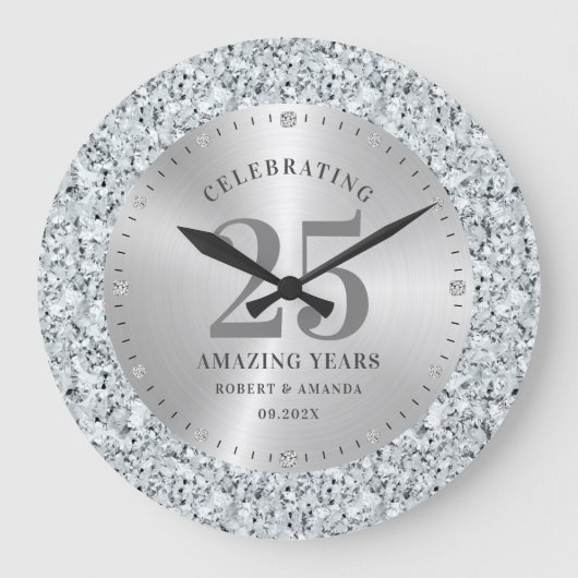 Weißer Imitat Diamanten 25. Geburtstag Große Wanduhr (Vorderseite)