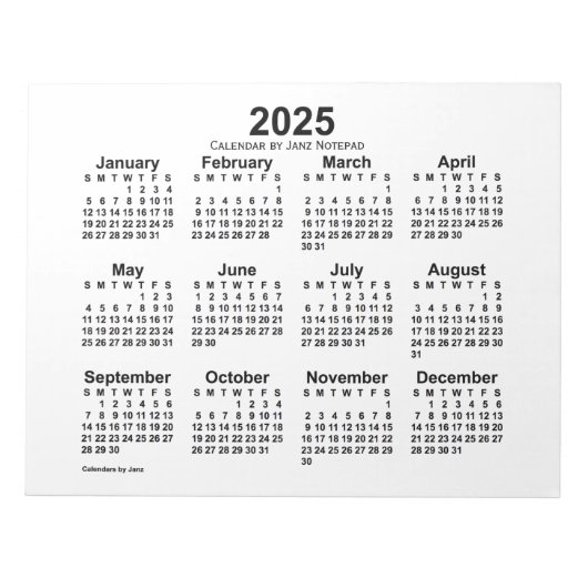 Weißer Kalender 2025, 11x8.5, Notepad Notizblock (Vorderseite)
