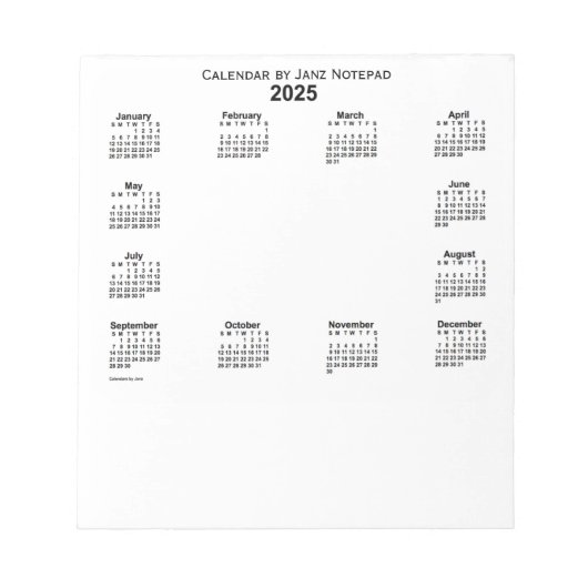Weißer Kalender 2025 von Janz Notepad Notizblock (Vorderseite)