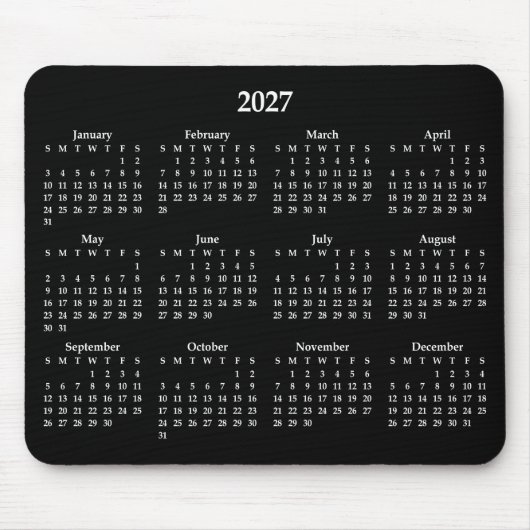 Weißer Kalender 2027 auf Schwarz Mousepad (Vorne)
