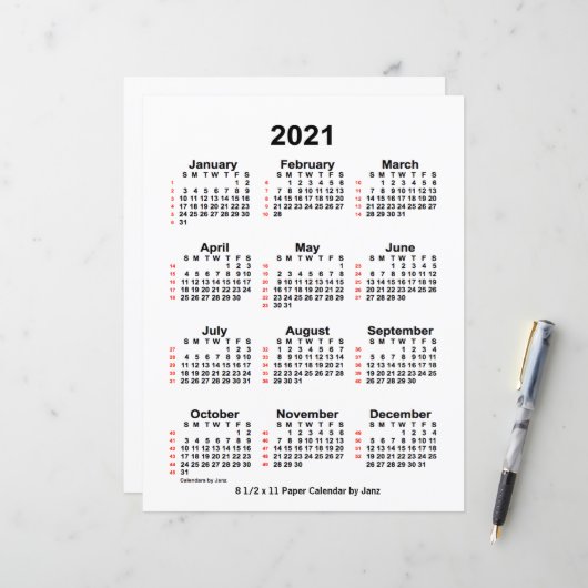 Weißer Kalender der 52-wöchigen Woche 2021 - Veröf (Vorderseite/Rückseite Beispiel)