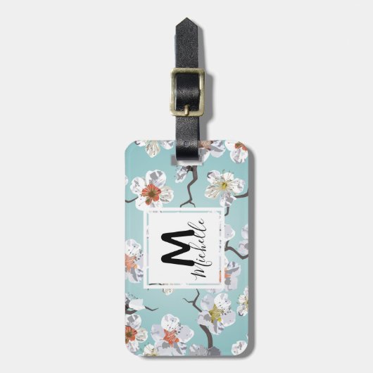 Weißer Kirschblüten-Monogramm-Name Gepäckanhänger (Vorderseite vertikal)