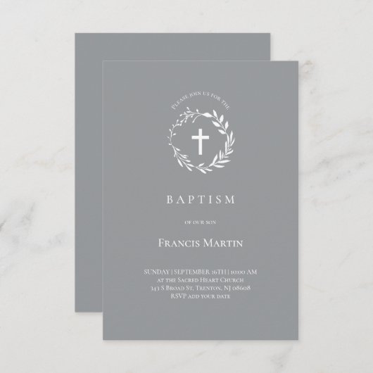 weißer Kranz auf grau | Tauflanung Einladung (Vorne/Hinten)