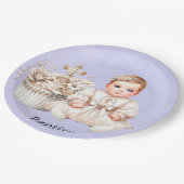 Weißer Kreuzkuchen mit Taufe der Mädchen Pappteller (Schrägansicht)