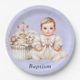 Weißer Kreuzkuchen mit Taufe der Mädchen Pappteller
