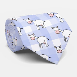 Weißer Kuh-Cartoon. Blauer Gingham Hintergrund Krawatte
