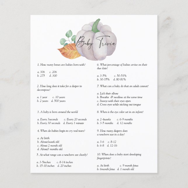 Weißer Kürbis - Baby Trivia | Baby Showspiel (Vorderseite)