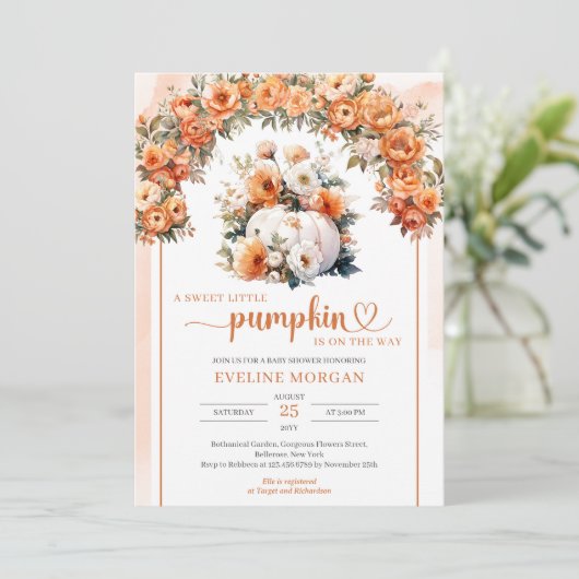 Weißer Kürbis Herbstblumensturz Einladung (Stehend Vorderseite)