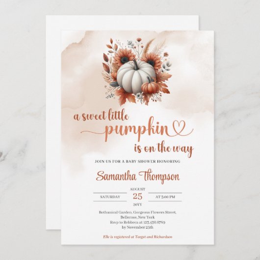 Weißer Kürbis Terracotta Kupfersonnenblumen Einladung (Vorne/Hinten)