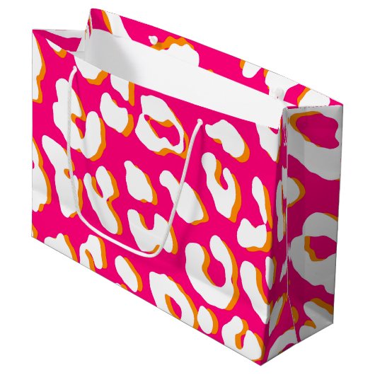 Weißer Leopard Print Pink Orange Große Geschenktüte (Vorderseite Schrägansicht)