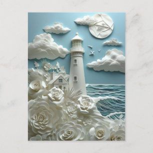 weißer Leuchtturm am Meer Papierschnitt Postkarte