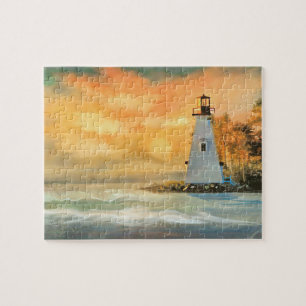 Weißer Leuchtturm und Sonnenuntergangs-Puzzle Puzzle