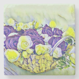 Weißer Lila Korb von Rose Aquarellmalerei Steinuntersetzer