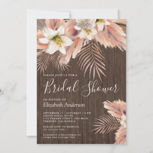 Weißer Lilienblätterpalm Pampas Brautparty Einladung (Vorderseite)