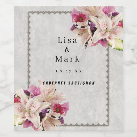 Weißer Lilienblumenmarmor Hochzeitsweinetiketten Weinetikett (Einzelnes Label)