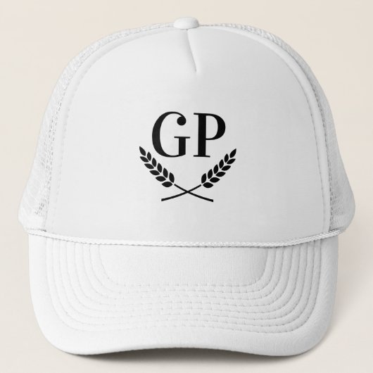 Weißer LKW-Hut mit Lorbeer-Wappen-Monogramm-Logo Truckerkappe (Vorderseite)