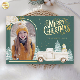 Weißer LKW-Schneemann Weihnachtsfoto Teal Gold Folien Feiertagskarte