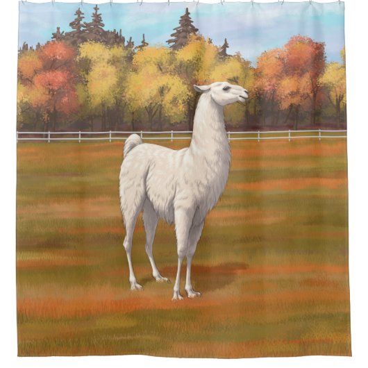 Weißer Llama im Herbst Duschvorhang (Vorderseite)