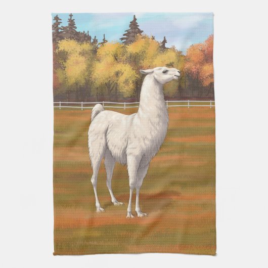 Weißer Llama im Herbst Geschirrtuch (Vertikal)