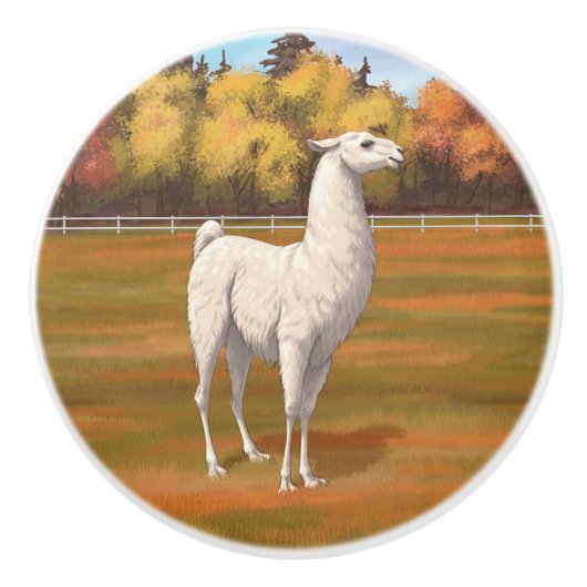 Weißer Llama im Herbst Keramikknauf (Vorderseite)