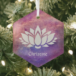 Weißer Lotus-Blume auf kosmisch-orange-rosa Nebula Ornament Aus Glas