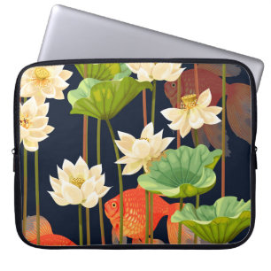 Weißer Lotus, Fisch: nahtloses Muster. Laptopschutzhülle