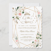 Weißer Magnolia Rosa Blütengoldquinceñera Einladung (Vorderseite)