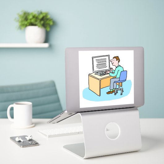 Weißer Mann, der an einem Computer arbeitet Aufkleber (Laptop auf Schreibtisch)