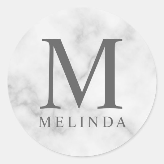 Weißer Marmor: Elegantes Monogramm Runder Aufkleber (Vorderseite)