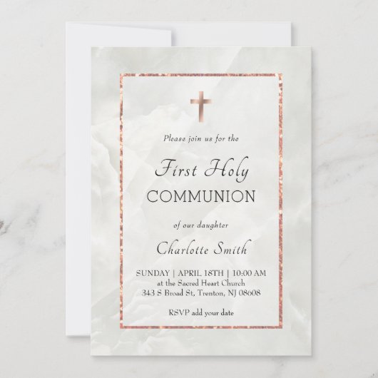 weißer Marmor Erste Heilige Kommunion Einladung (Vorderseite)