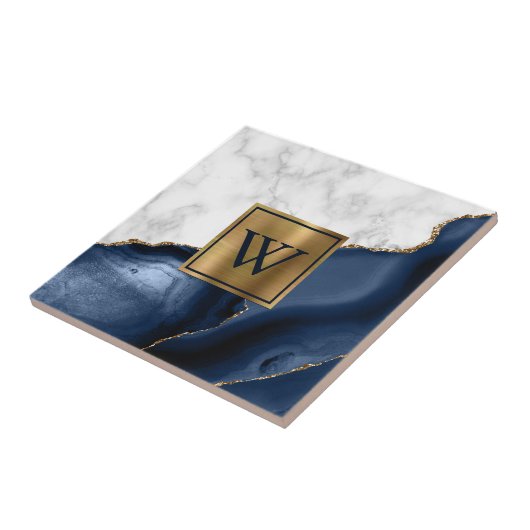 Weißer Marmor Gilded Navy Blue Agate Monogram Fliese (Seite)