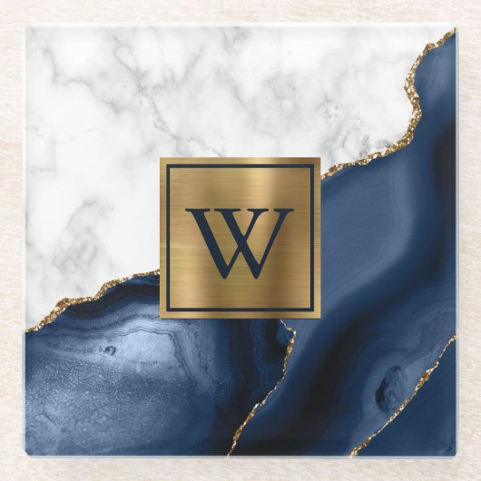 Weißer Marmor Gilded Navy Blue Agate Monogram Glasuntersetzer (Vorderseite)