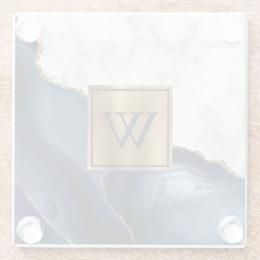 Weißer Marmor Gilded Navy Blue Agate Monogram Glasuntersetzer (Rückseite)