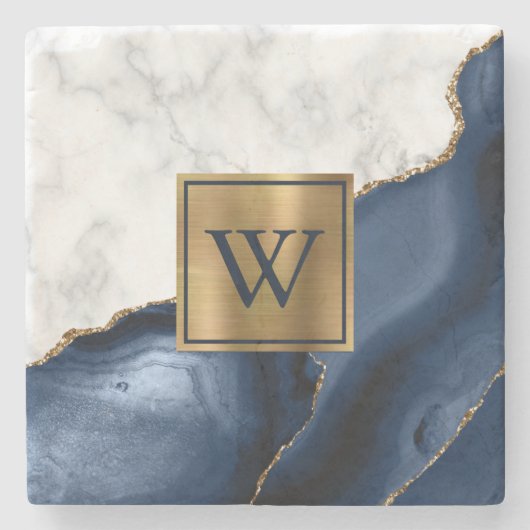 Weißer Marmor Gilded Navy Blue Agate Monogram Steinuntersetzer (Vorderseite)