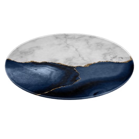 Weißer Marmor Gilded Navy Blue Agate Round Schneidebrett (Ecke)