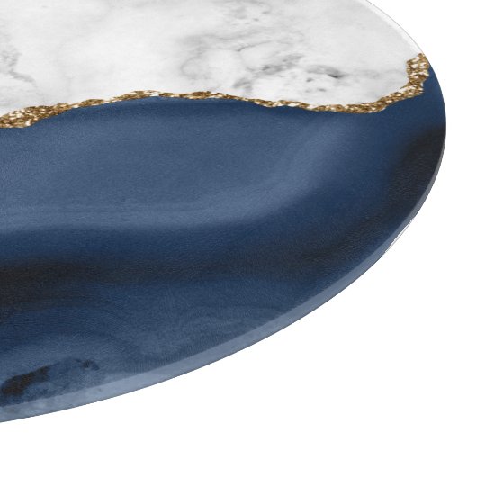 Weißer Marmor Gilded Navy Blue Agate Round Schneidebrett (Ecke)