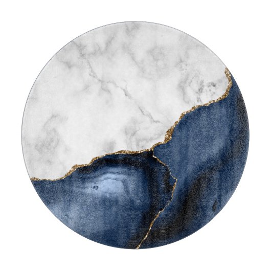 Weißer Marmor Gilded Navy Blue Agate Round Schneidebrett (Vorderseite)